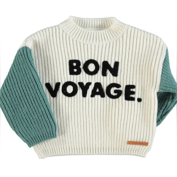 PIUPIUCHICK Knitted Sweater In Emerald And Ecru Embroidered "Bon Voyage" Size 6 - Picture 1 of 13